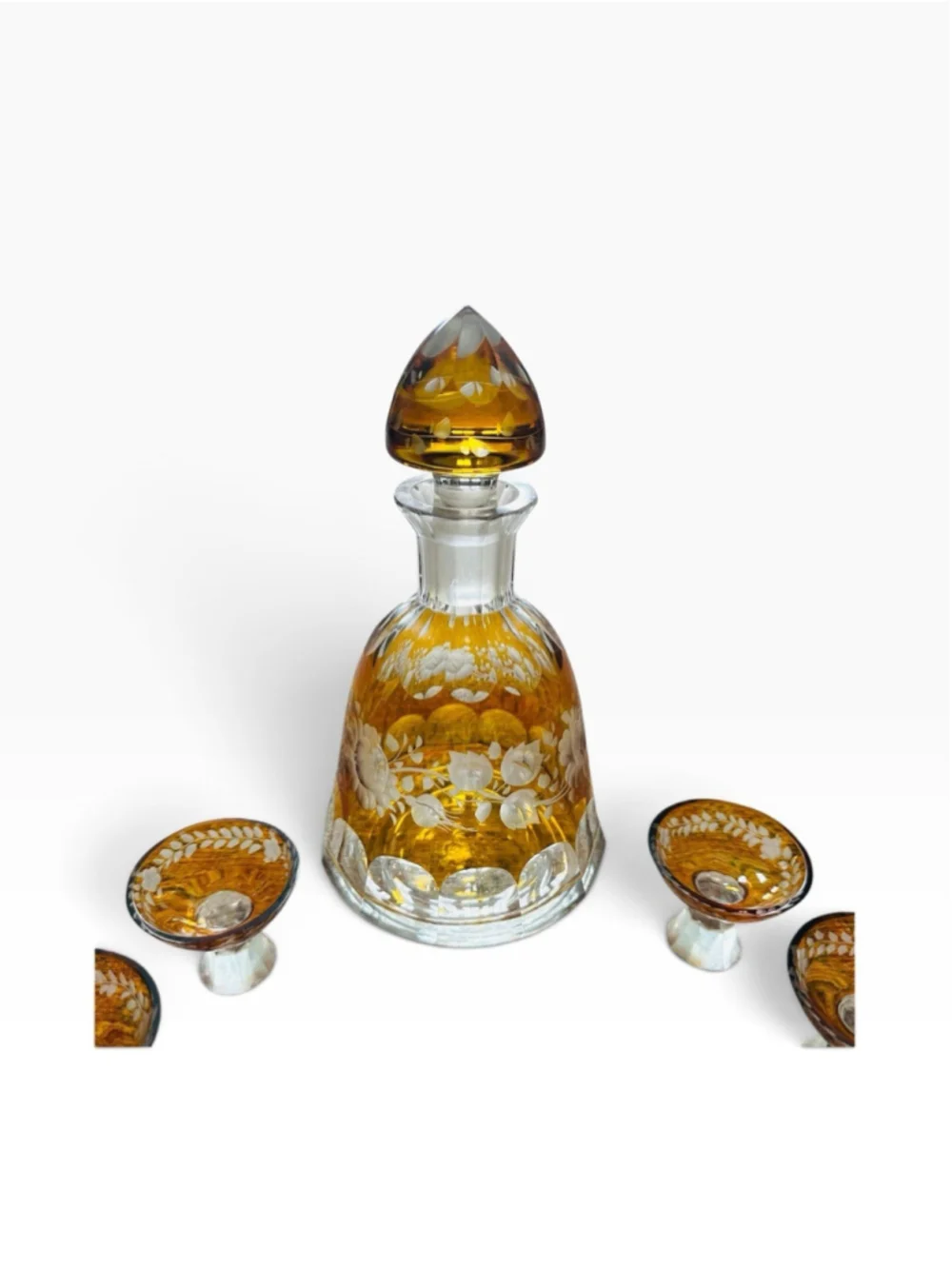 Antique Vintage 7 Pc Set Amber Bohemian Glass Cut Glass Beautiful Floral Designs